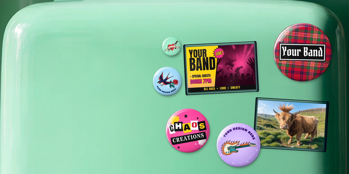 Custom badge magnets, a bottle opener magnet and jumbo photo magnets with a gig poster and a Highland cow photo on a mint green fridge door