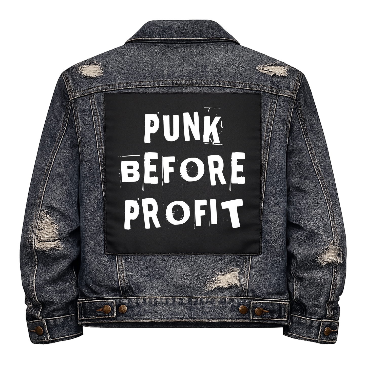 Black fabric back patch sew onto a denim jacket with the design "Punk Before Profit"