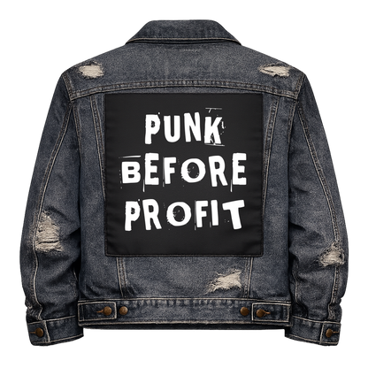 Black fabric back patch sew onto a denim jacket with the design "Punk Before Profit"