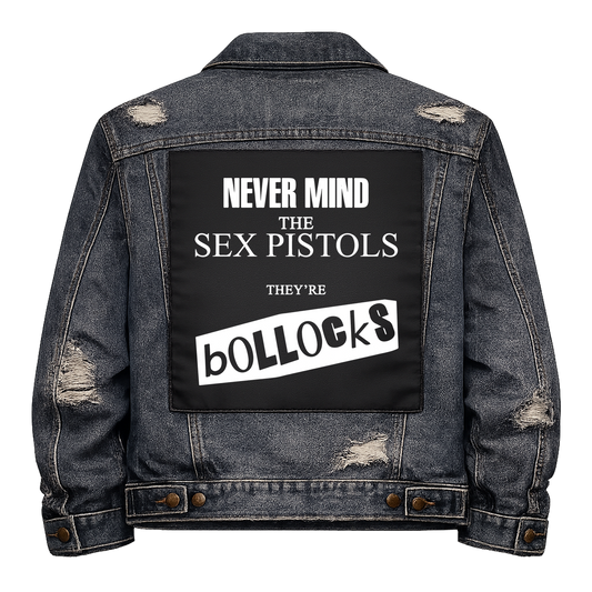 Black fabric back patch sew onto a denim jacket with the design "Nevermind the Sex Pistols"