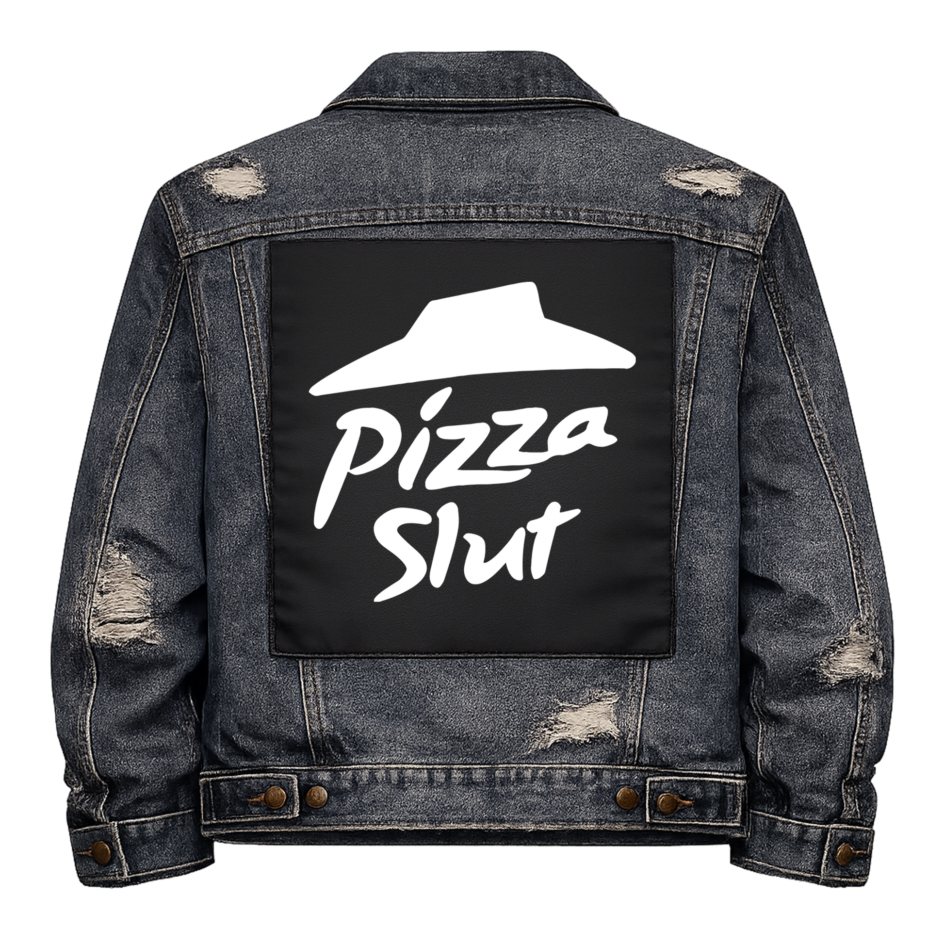 Black fabric back patch sew onto a denim jacket with the design "Pizza Slut"