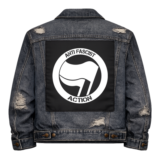 Black fabric back patch sew onto a denim jacket with the design "Antifa Insignia"