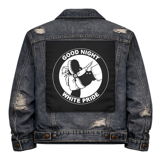 Black fabric back patch sew onto a denim jacket with the design "Goodnight White Pride"