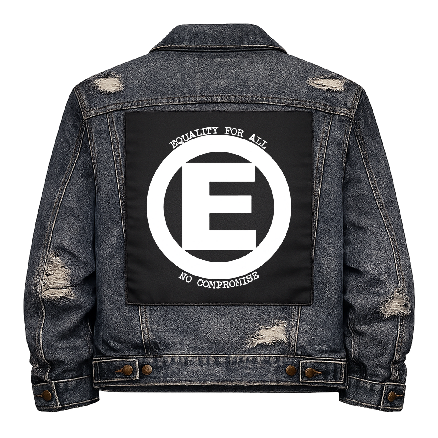 Black fabric back patch sew onto a denim jacket with the design "Equality E"