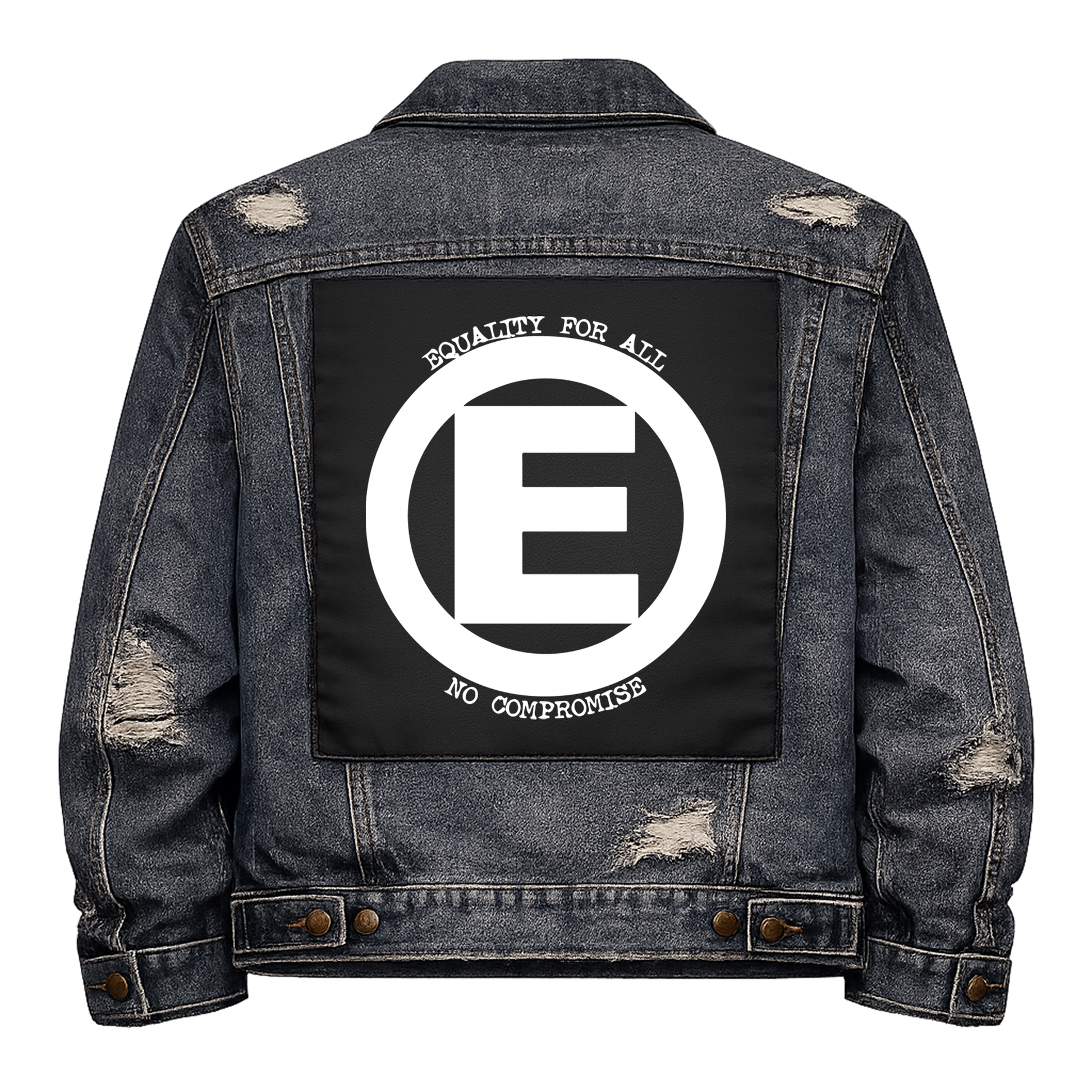 Black fabric back patch sew onto a denim jacket with the design "Equality E"