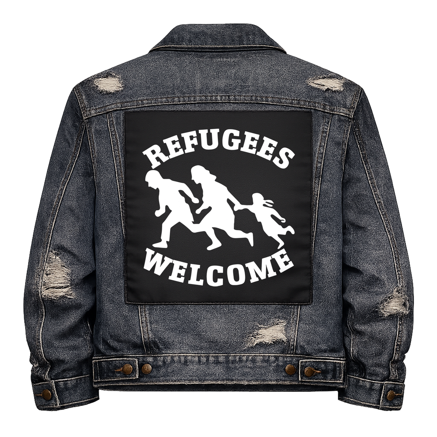 Black fabric back patch sew onto a denim jacket with the design "Refugees Welcome"