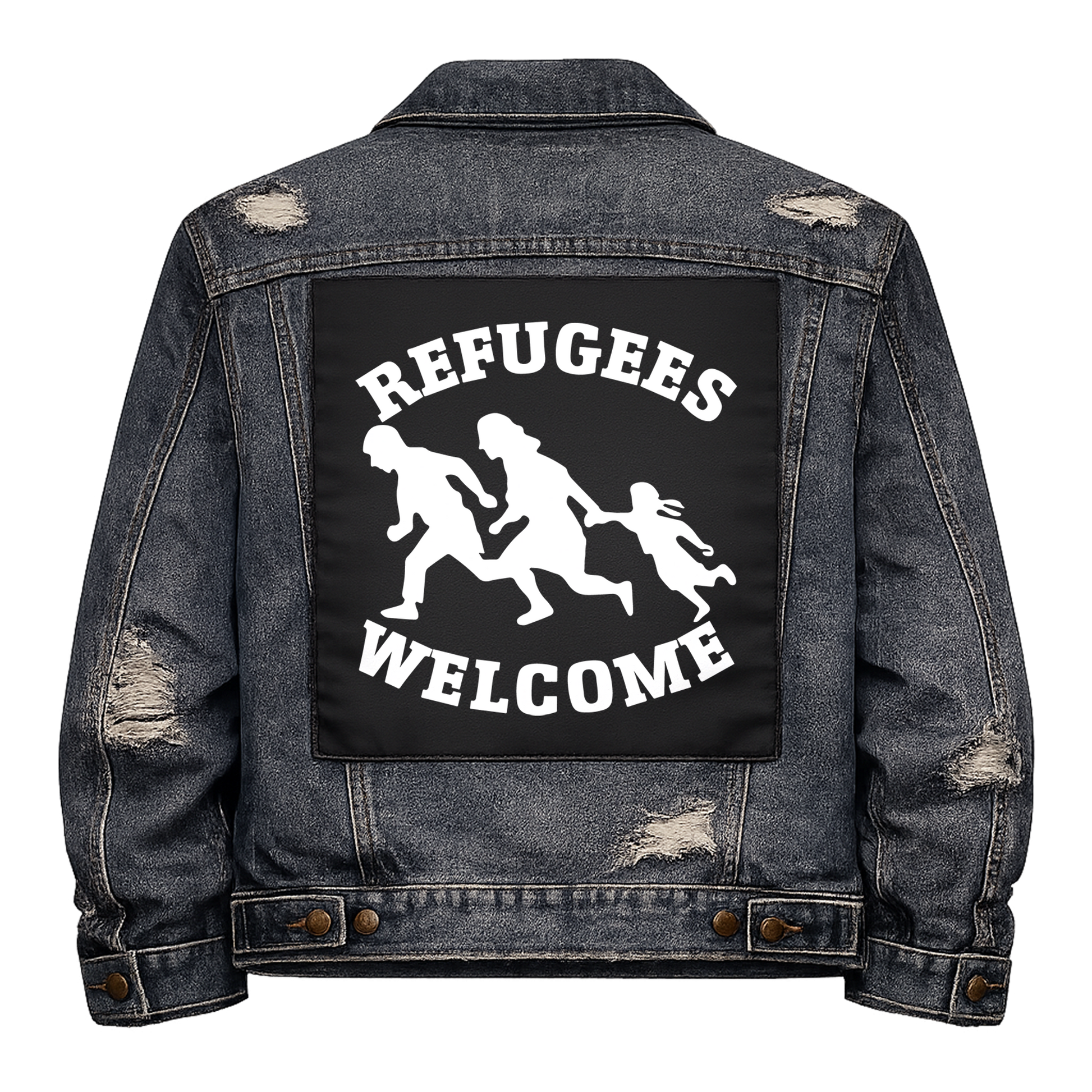 Black fabric back patch sew onto a denim jacket with the design "Refugees Welcome"
