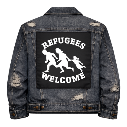 Black fabric back patch sew onto a denim jacket with the design "Refugees Welcome"