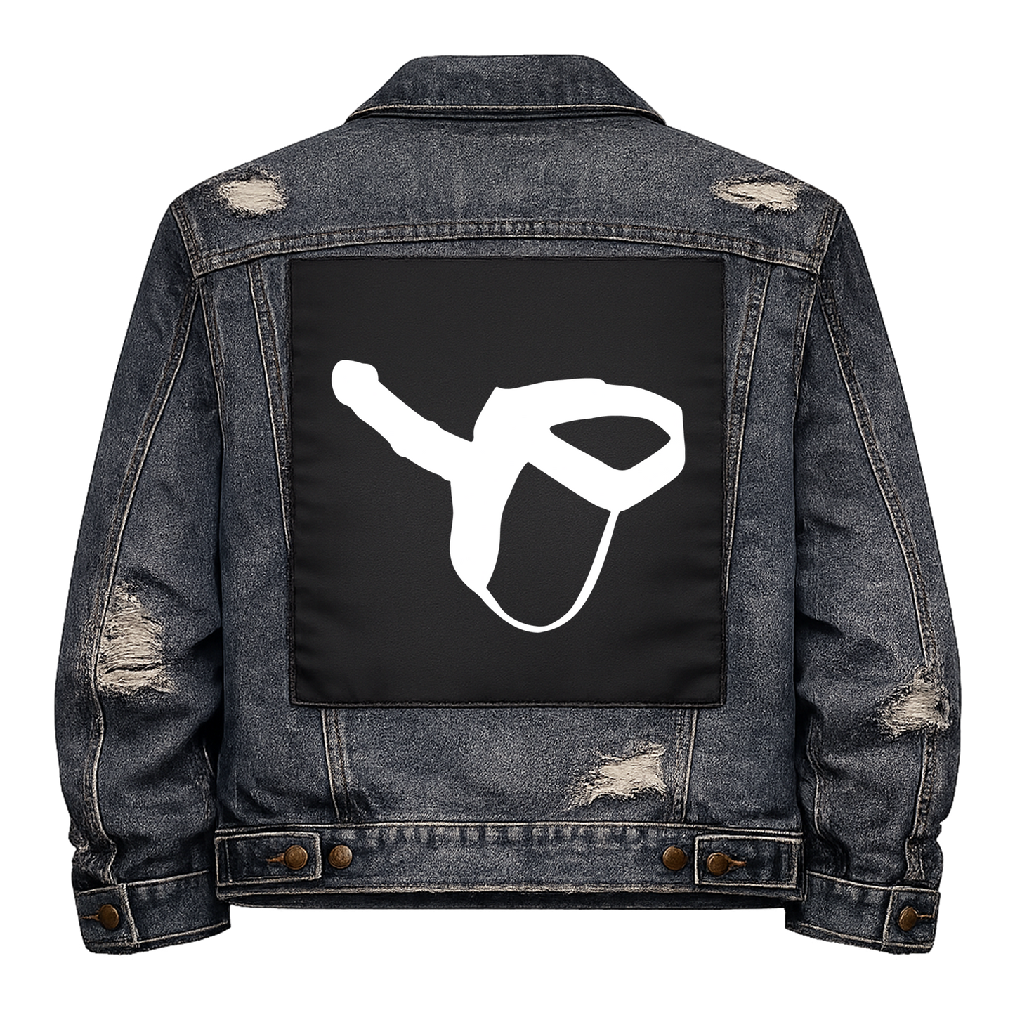 Black fabric back patch sew onto a denim jacket with the design "Strap On"