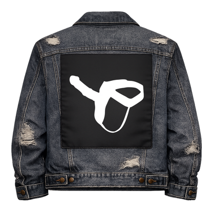 Black fabric back patch sew onto a denim jacket with the design "Strap On"