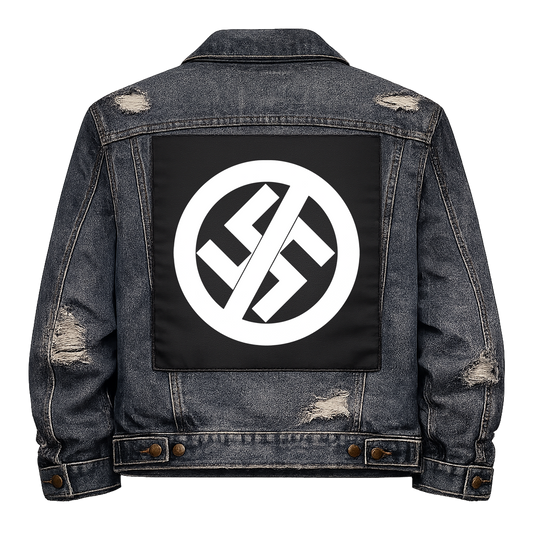 Black fabric back patch sew onto a denim jacket with the design "Anti Swastika"