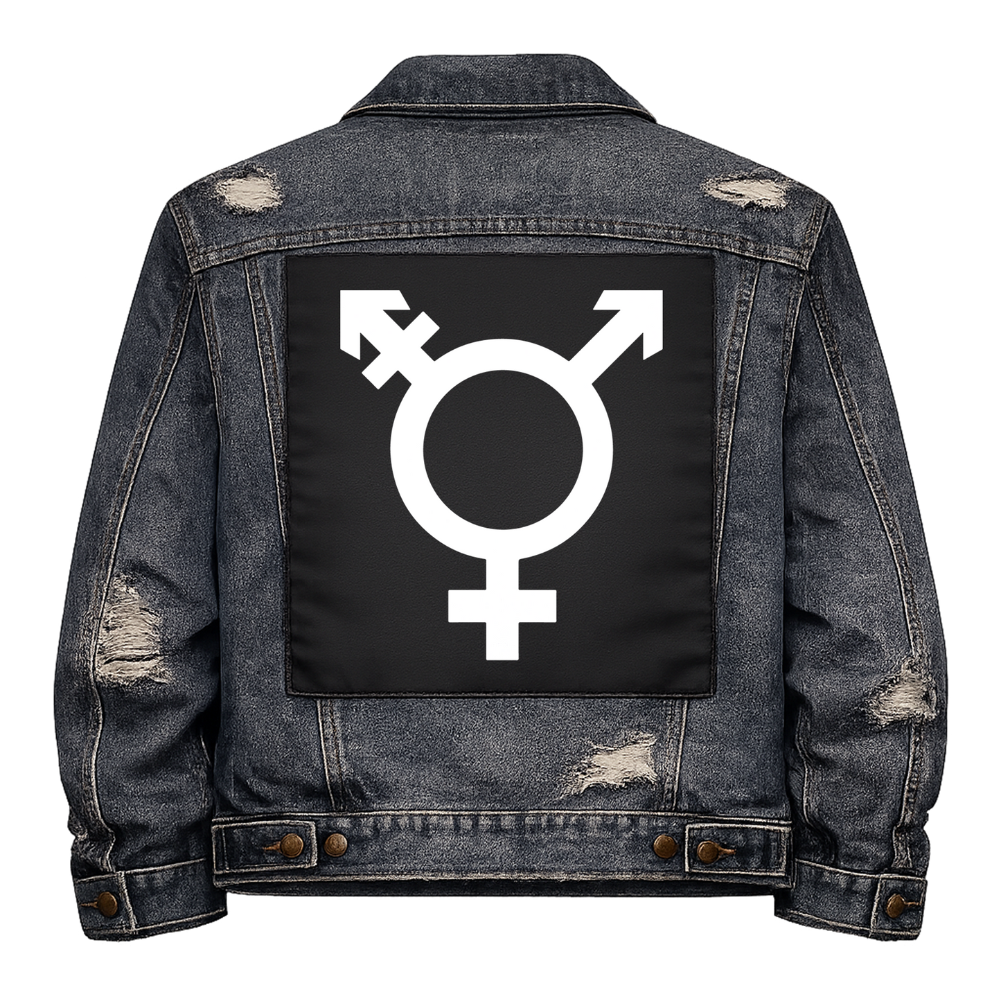 Black fabric back patch sew onto a denim jacket with the design "Trans Symbol"
