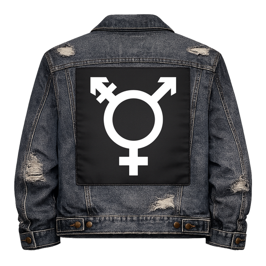 Black fabric back patch sew onto a denim jacket with the design "Trans Symbol"