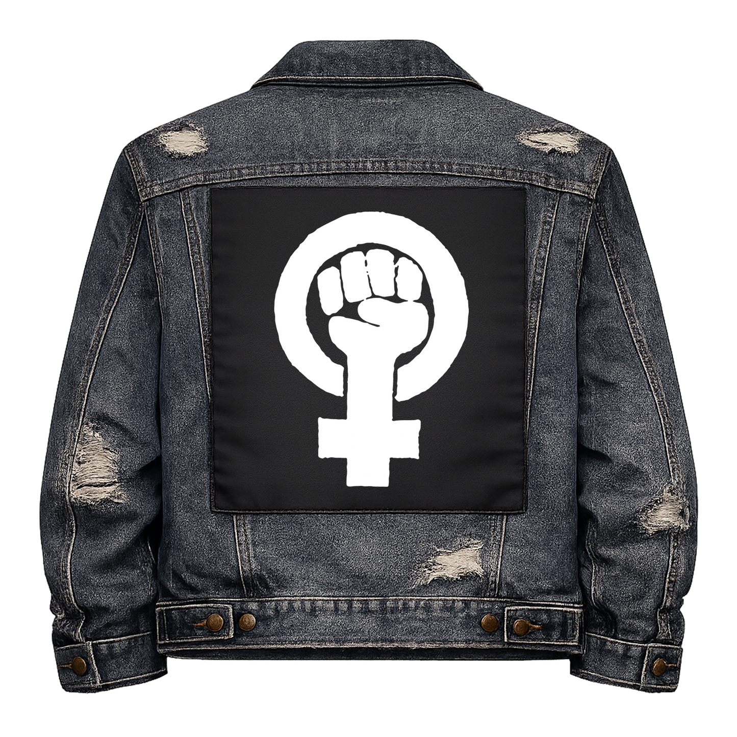 Black fabric back patch sew onto a denim jacket with the design "Feminist Symbol"