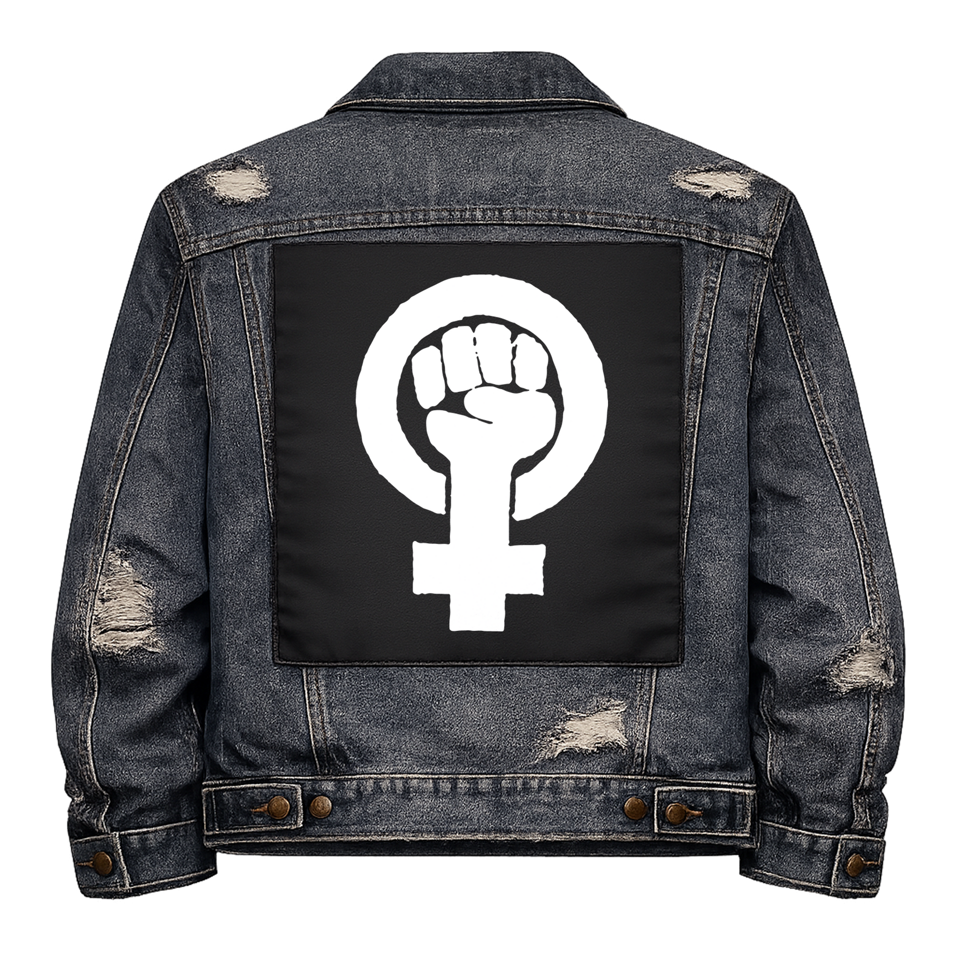 Black fabric back patch sew onto a denim jacket with the design "Feminist Symbol"