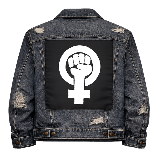 Black fabric back patch sew onto a denim jacket with the design "Feminist Symbol"