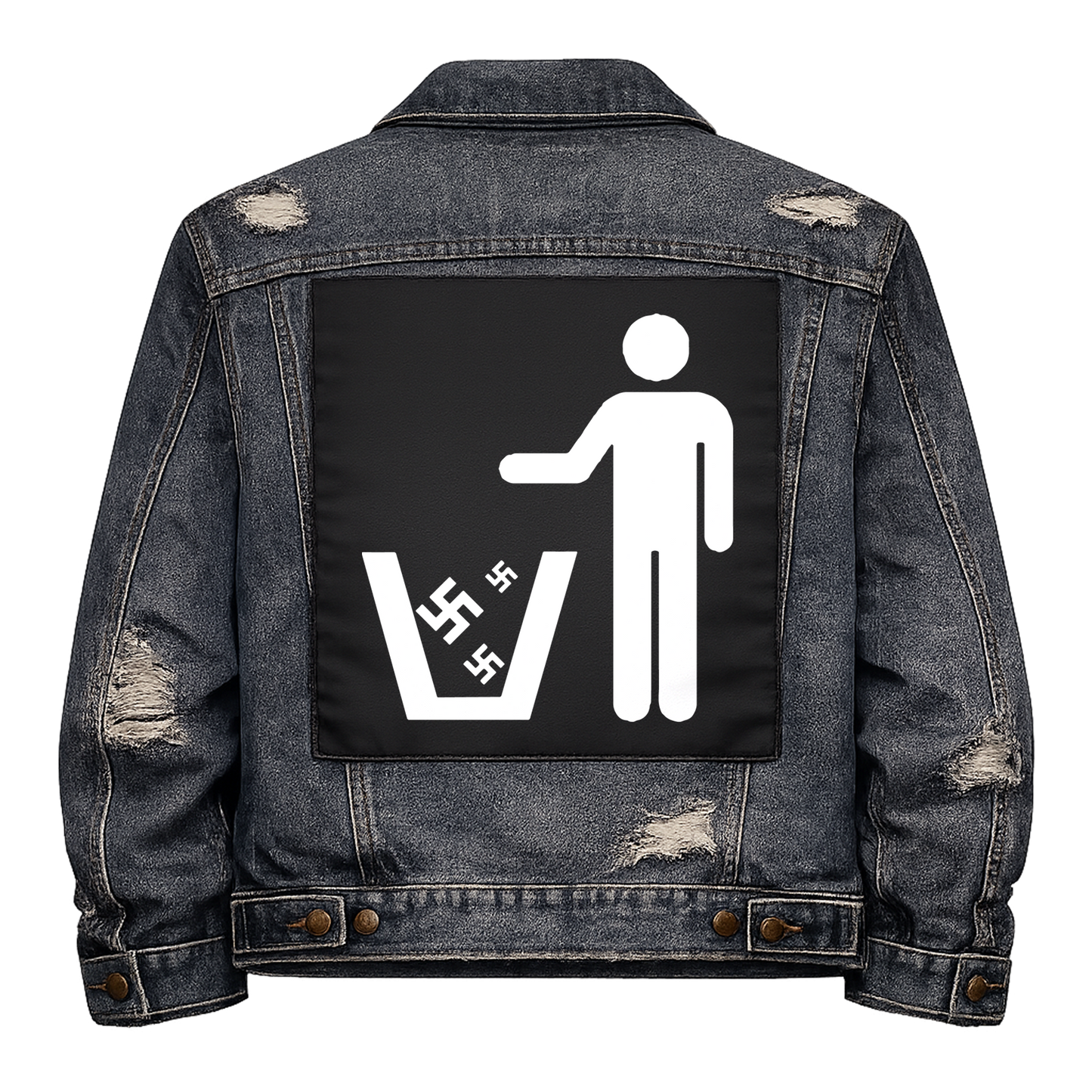 Black fabric back patch sew onto a denim jacket with the design "Nazis in the Trash"