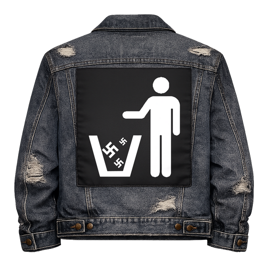 Black fabric back patch sew onto a denim jacket with the design "Nazis in the Trash"