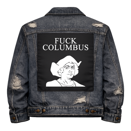 Black fabric back patch sew onto a denim jacket with the design "Christopher Columbus"