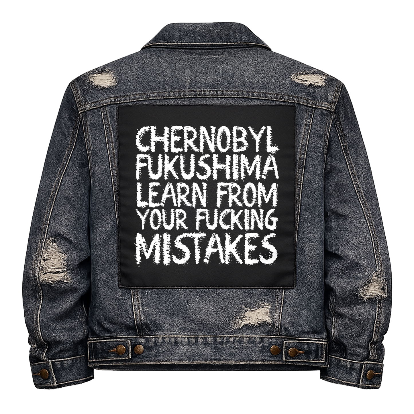 Black fabric back patch sew onto a denim jacket with the design "Nuclear Mistakes"