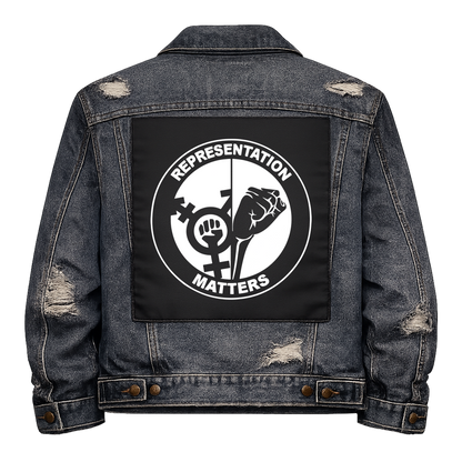 Black fabric back patch sew onto a denim jacket with the design "Representation Matters"