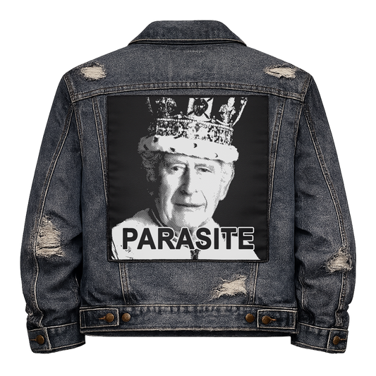 Black fabric back patch sew onto a denim jacket with the design "Parasite King"