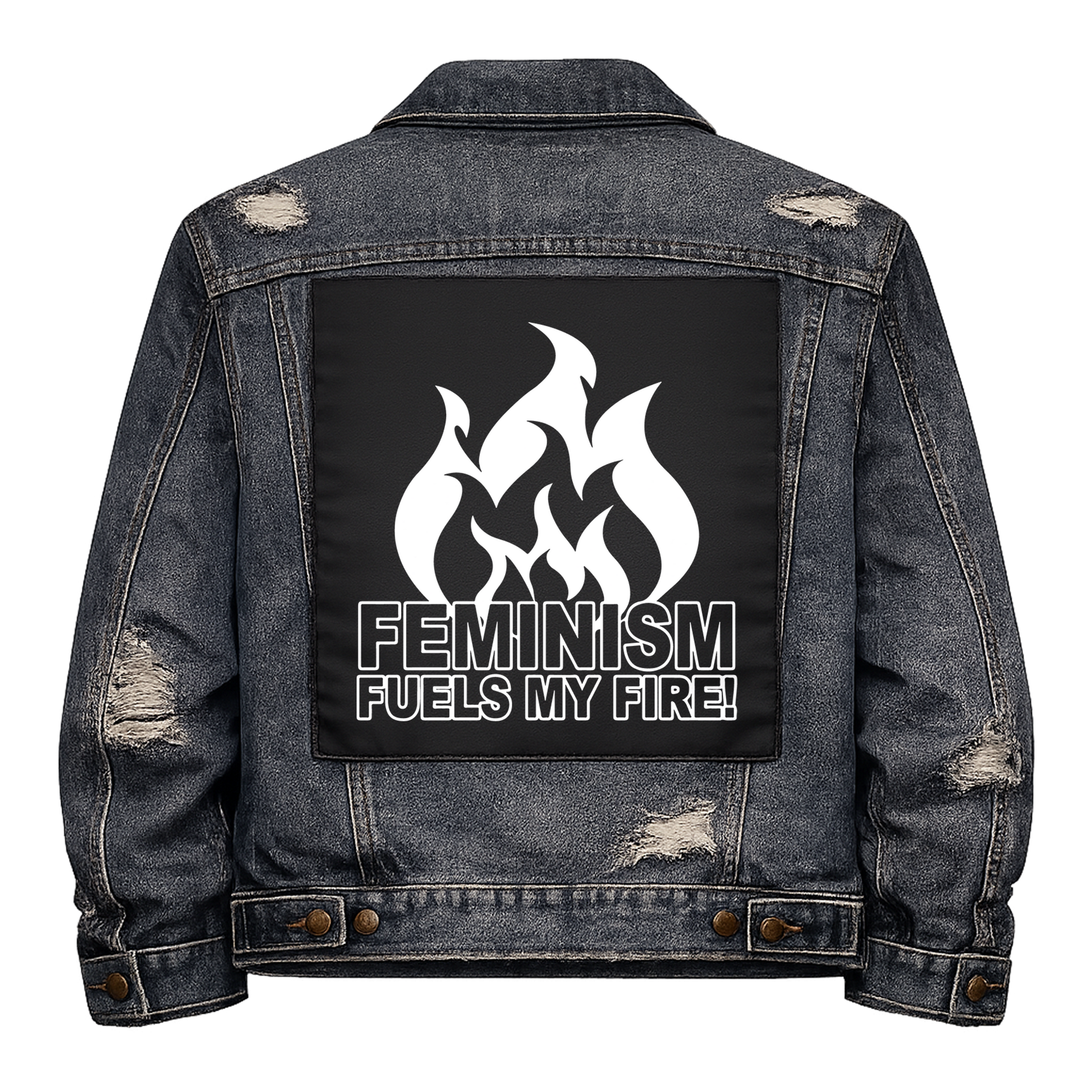 Black fabric back patch sew onto a denim jacket with the design "Feminism Fuels my Fire"