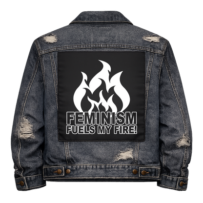 Black fabric back patch sew onto a denim jacket with the design "Feminism Fuels my Fire"