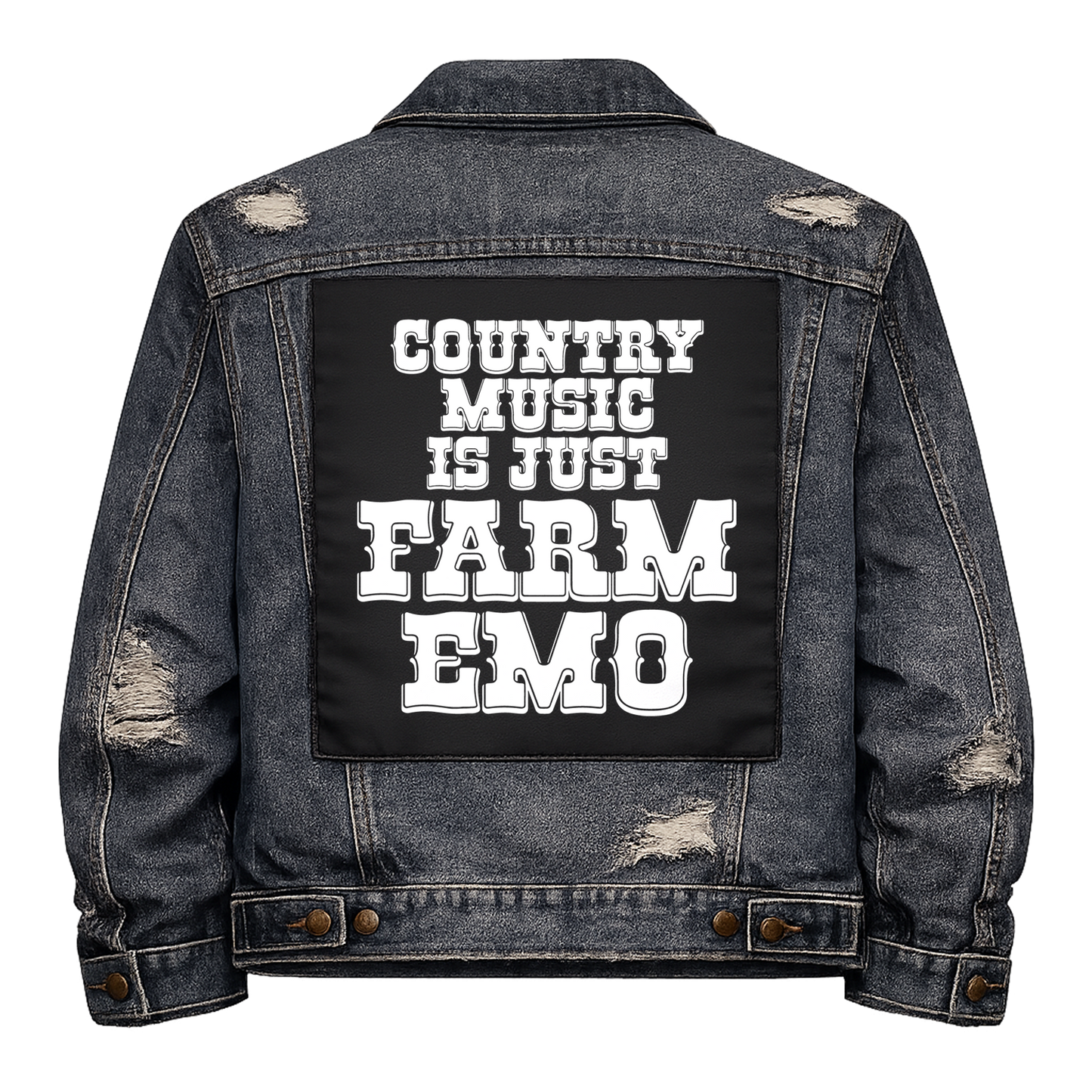 Black fabric back patch sew onto a denim jacket with the design "Country Music Farm Emo"