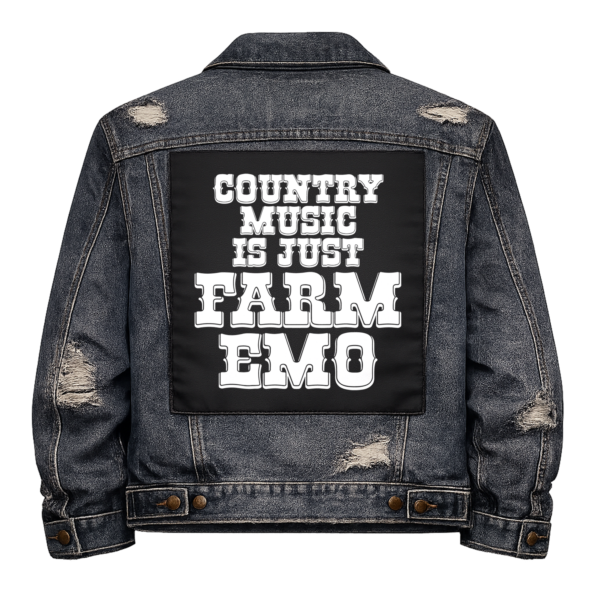 Black fabric back patch sew onto a denim jacket with the design "Country Music Farm Emo"