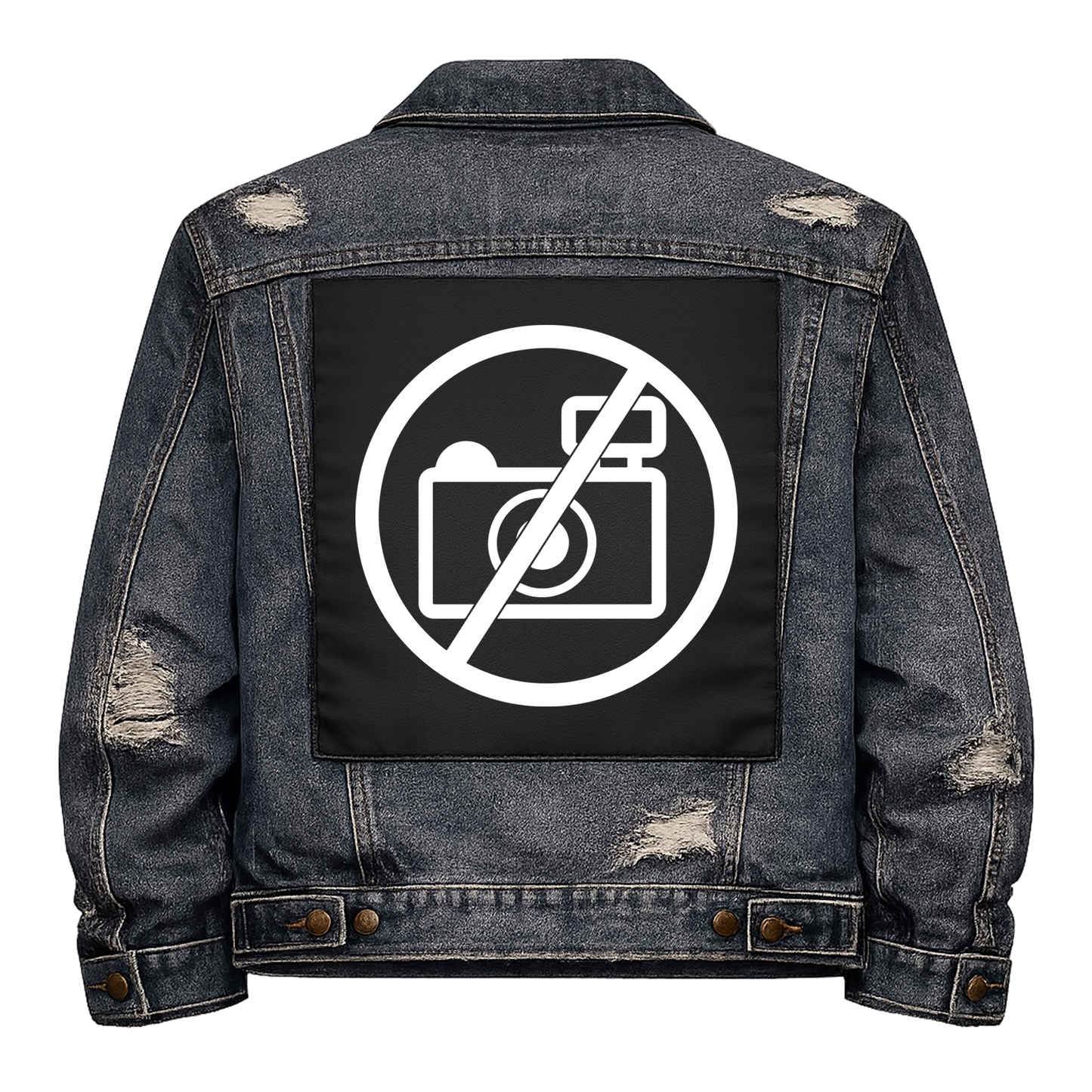 Black fabric back patch sew onto a denim jacket with the design "No Photos"
