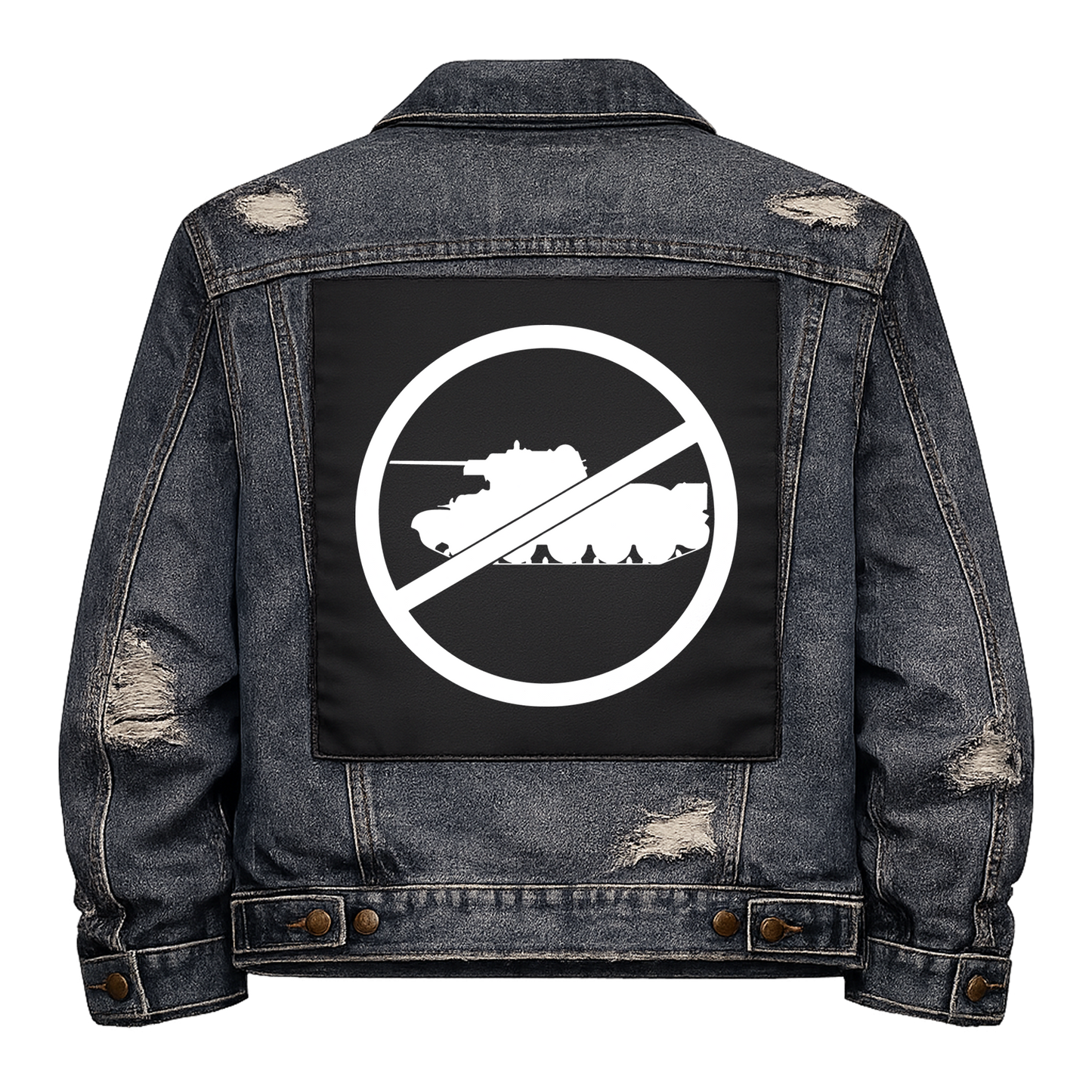 Black fabric back patch sew onto a denim jacket with the design "No Tanks"