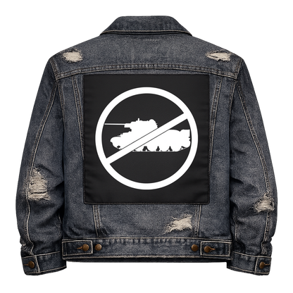 Black fabric back patch sew onto a denim jacket with the design "No Tanks"