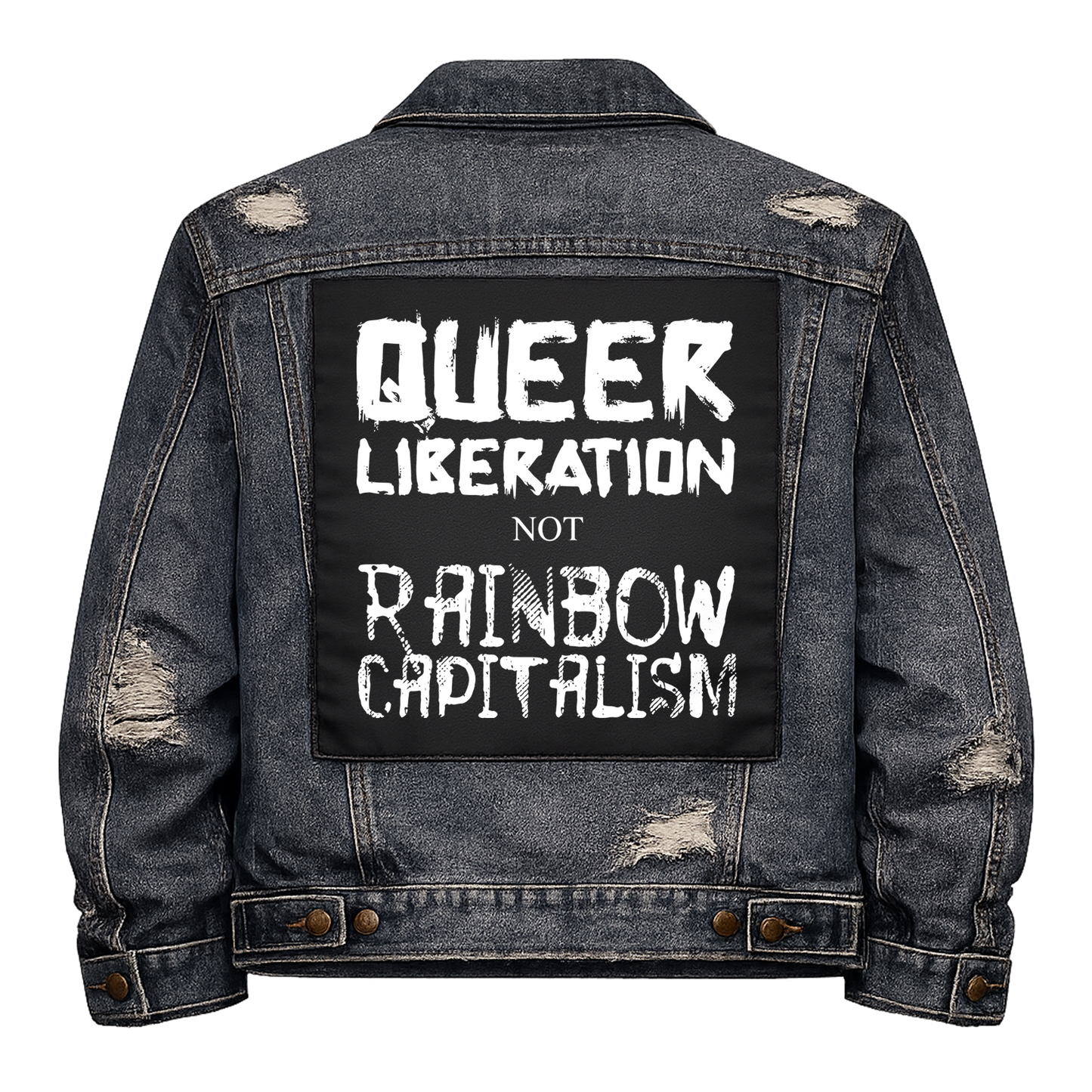 Black fabric back patch sew onto a denim jacket with the design "Queer Liberation"