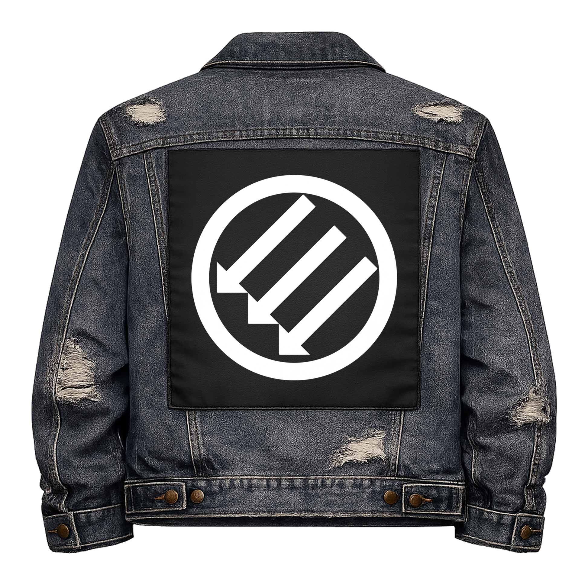 Black fabric back patch sew onto a denim jacket with the design "3 Arrows"
