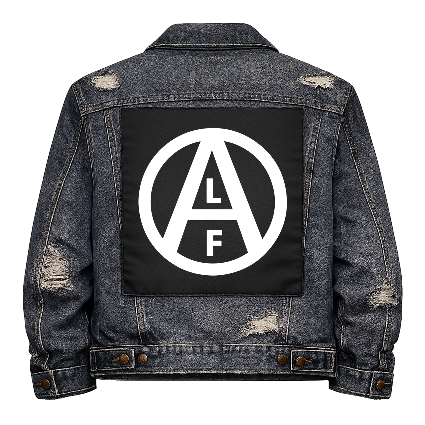 Black fabric back patch sew onto a denim jacket with the design "Animal Liberation Front"