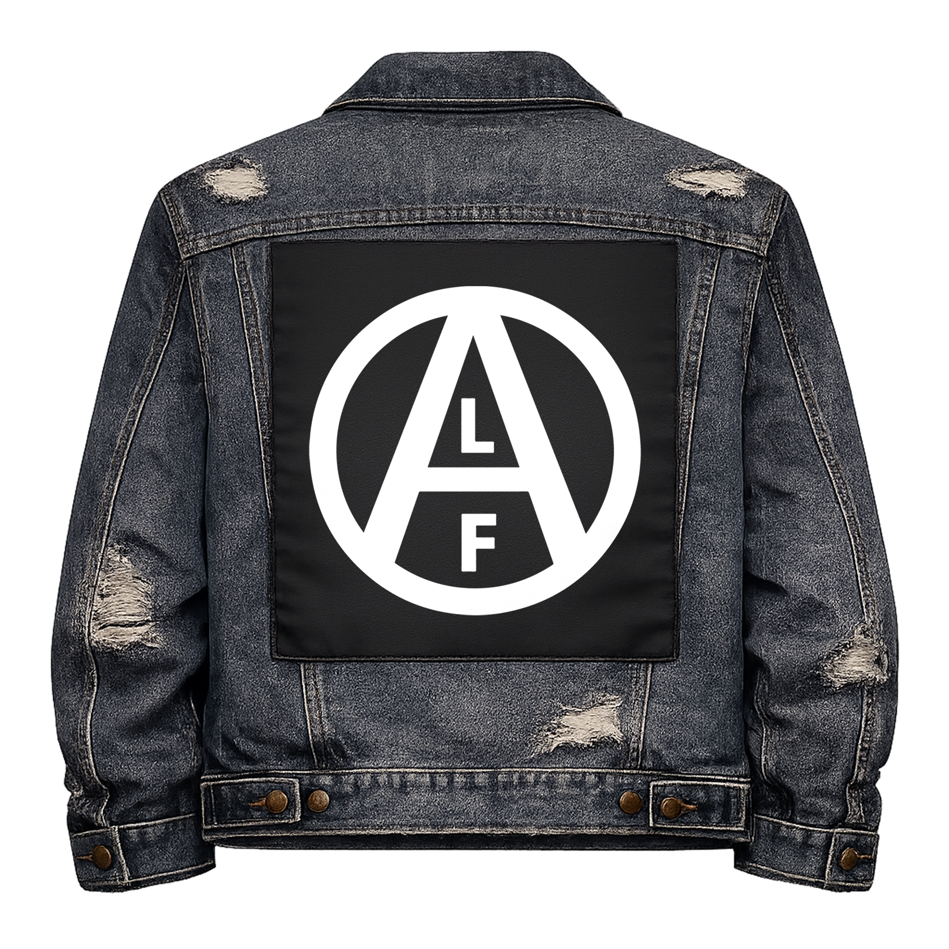 Black fabric back patch sew onto a denim jacket with the design "Animal Liberation Front"
