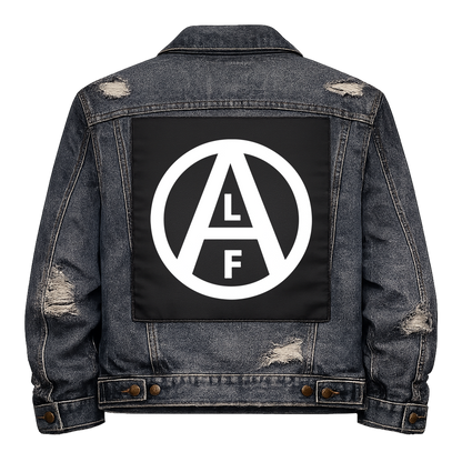 Black fabric back patch sew onto a denim jacket with the design "Animal Liberation Front"