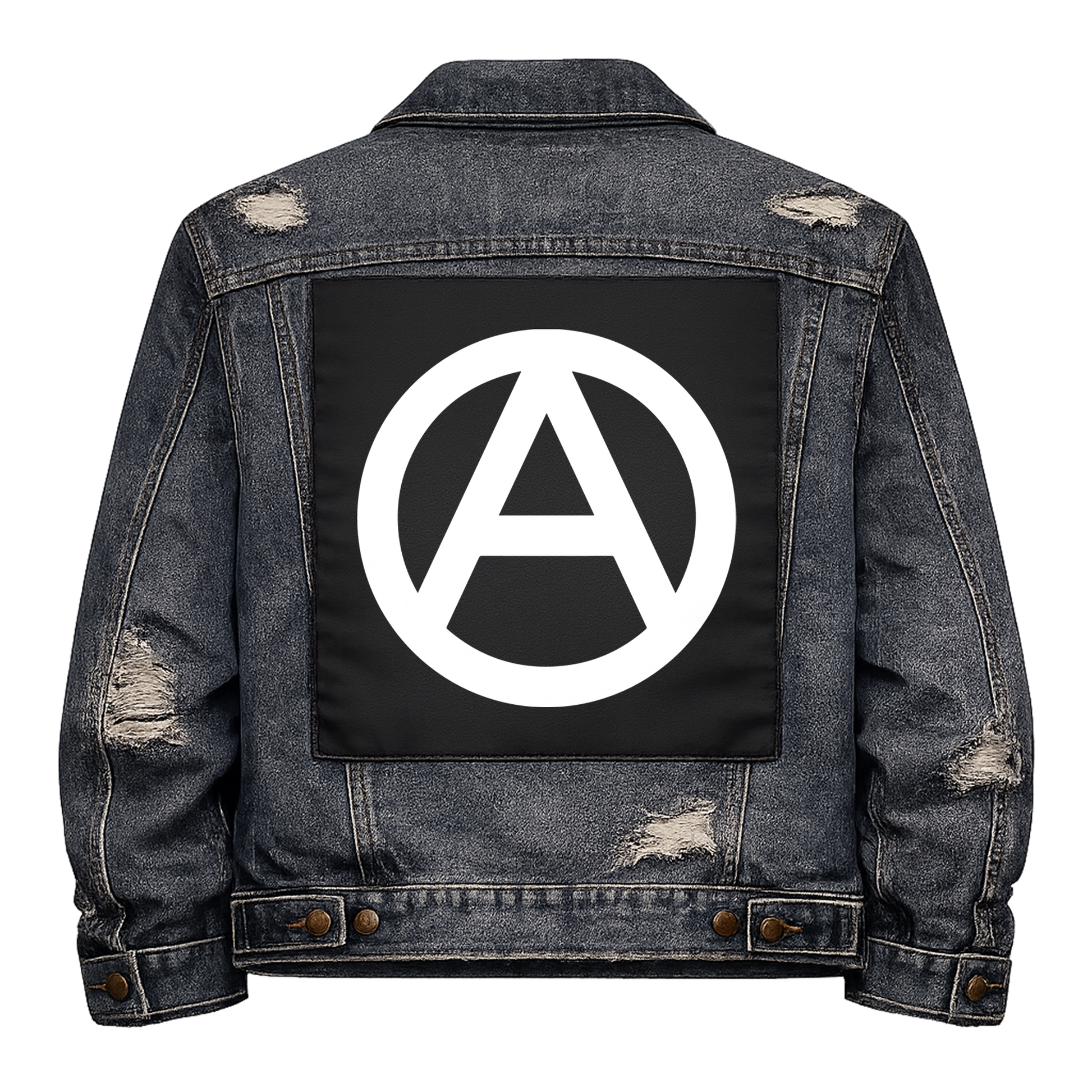 Black fabric back patch sew onto a denim jacket with the design "Anarchy A"