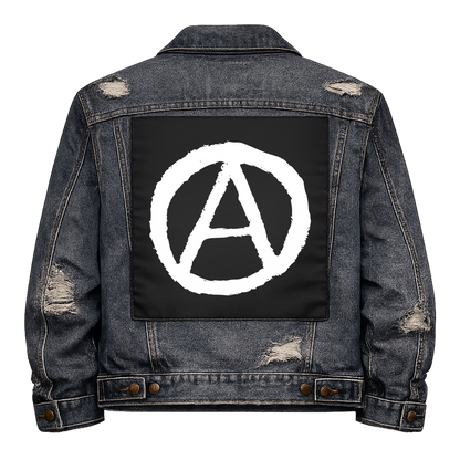 Black fabric back patch sew onto a denim jacket with the design "Anarchy Scratch"