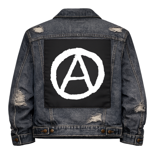 Black fabric back patch sew onto a denim jacket with the design "Anarchy Scratch"