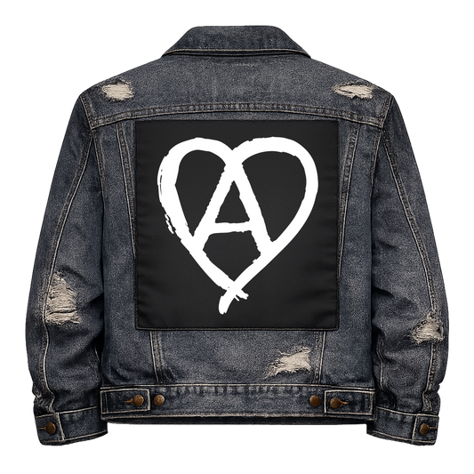 Black fabric back patch sew onto a denim jacket with the design "Anarchy Heart"