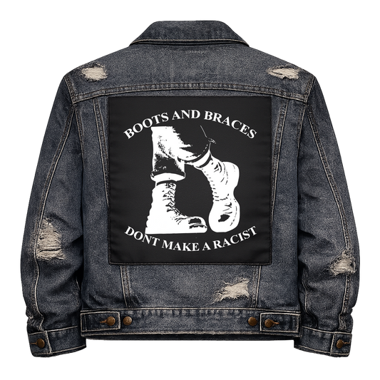 Black fabric back patch sew onto a denim jacket with the design "Boots and Braces"