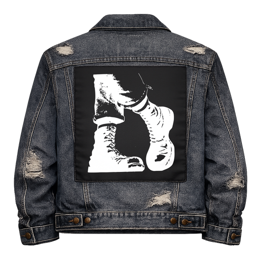 Black fabric back patch sew onto a denim jacket with the design "Crossed Boots"
