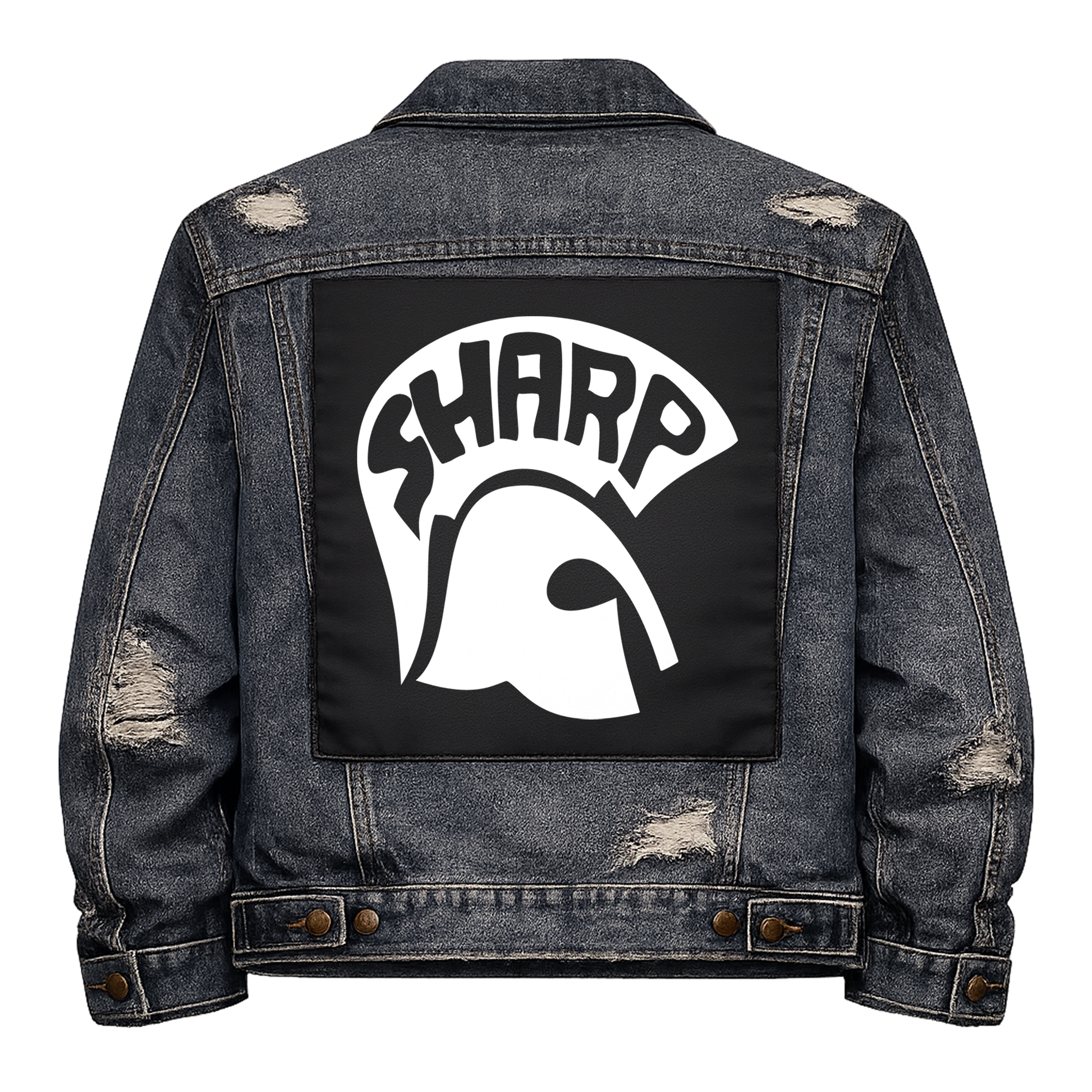 Black fabric back patch sew onto a denim jacket with the design "SHARP"