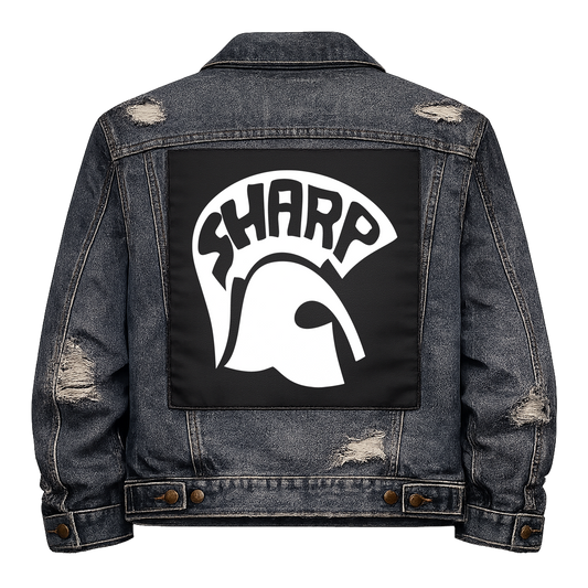 Black fabric back patch sew onto a denim jacket with the design "SHARP"
