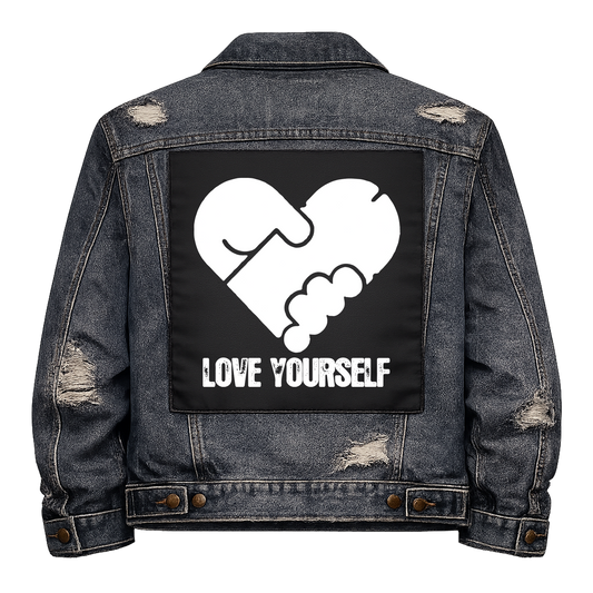 Black fabric back patch sew onto a denim jacket with the design "Love Yourself"