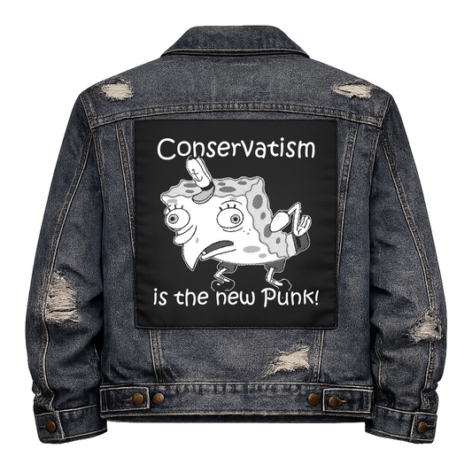 Black fabric back patch sew onto a denim jacket with the design "Conservatism"