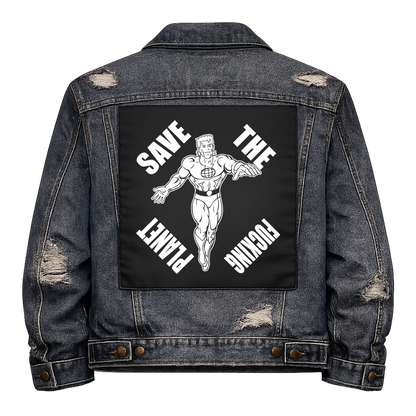 Black fabric back patch sew onto a denim jacket with the design "Captain Planet"