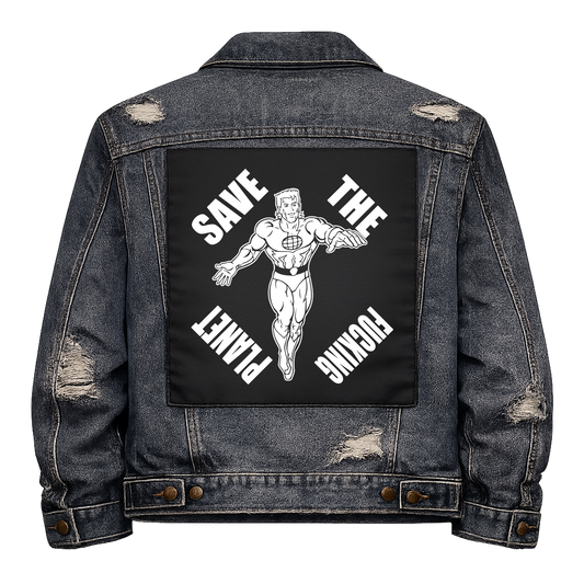 Black fabric back patch sew onto a denim jacket with the design "Captain Planet"